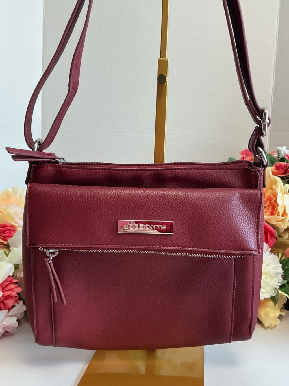 Liz Claiborne Burgundy Crossbody Bag Pebbled Faux Leather Organizer Purse